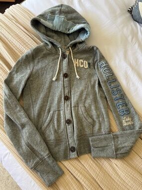 NWOT Hollister Heather Gray Wooden Button-Front Hoodie with Sleeve Logo - Size M